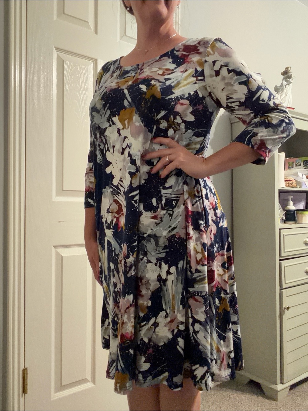 Nina Leonard Navy Multi Floral A-Line Dress